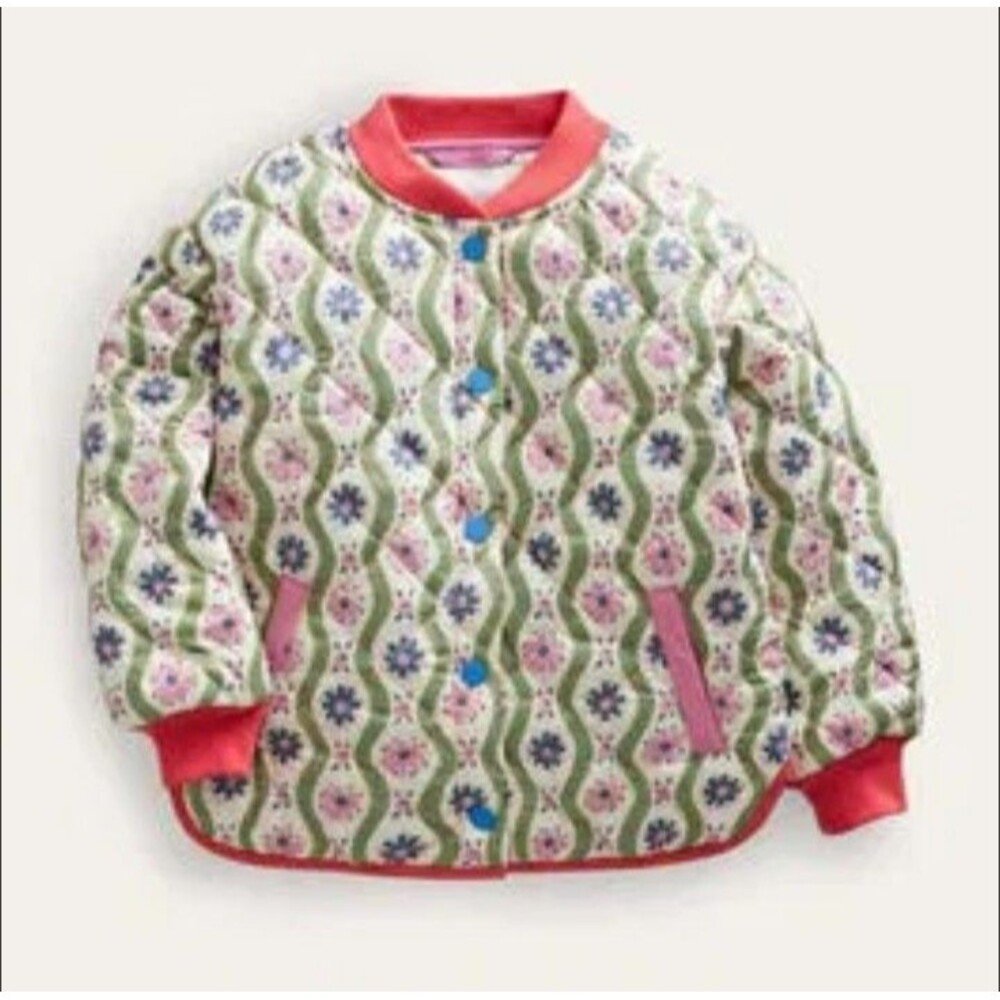 Mini Boden quilted bomber jacket in a floral print with pink trim size 5/6 GUC